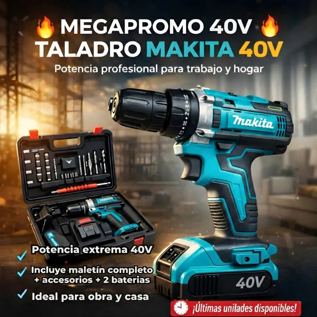 Taladro inalámbrico percutor Makita® + Maletin + 24 Accesorios + 2 Baterias 40 V